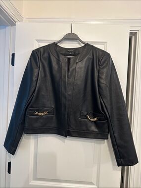 Ann Taylor Black Faux Leather Jacket with Gold Chain Trim